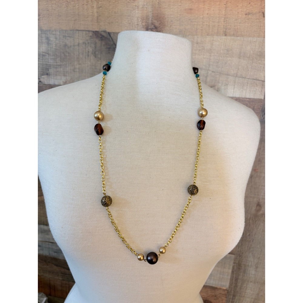 Gold Tone Long Chain Necklace Brown Faux Pearl Filigree Teal Beads